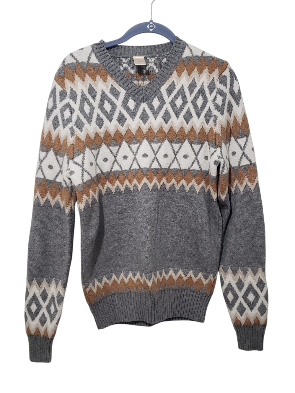 NORTH POLE V-Neck Geometric Knit Pullover Sweater in Gray Brown Cream | Small